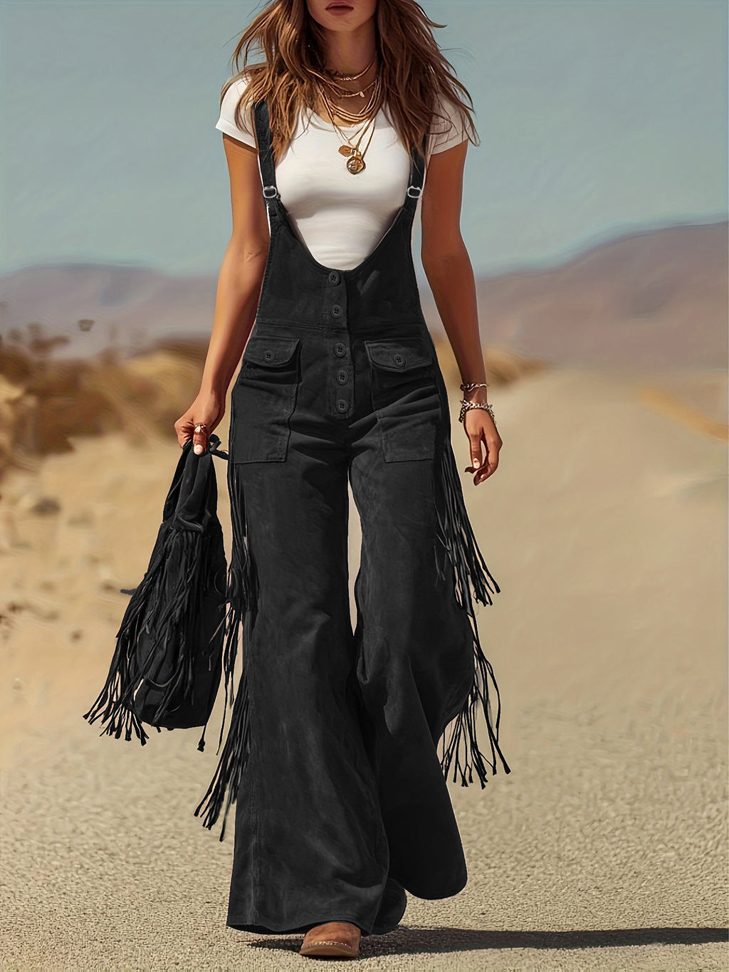 Women’s Suede‑Style Fringe Wide‑Leg Overalls