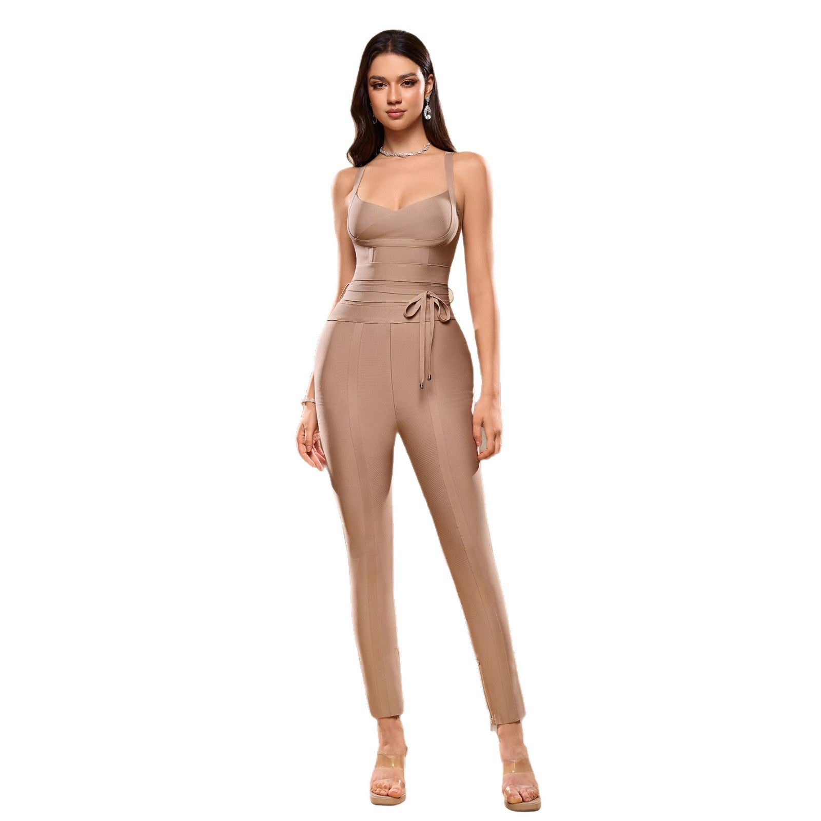 Lace-up  Strap-style  Figure-hugging Bandage Jumpsuit