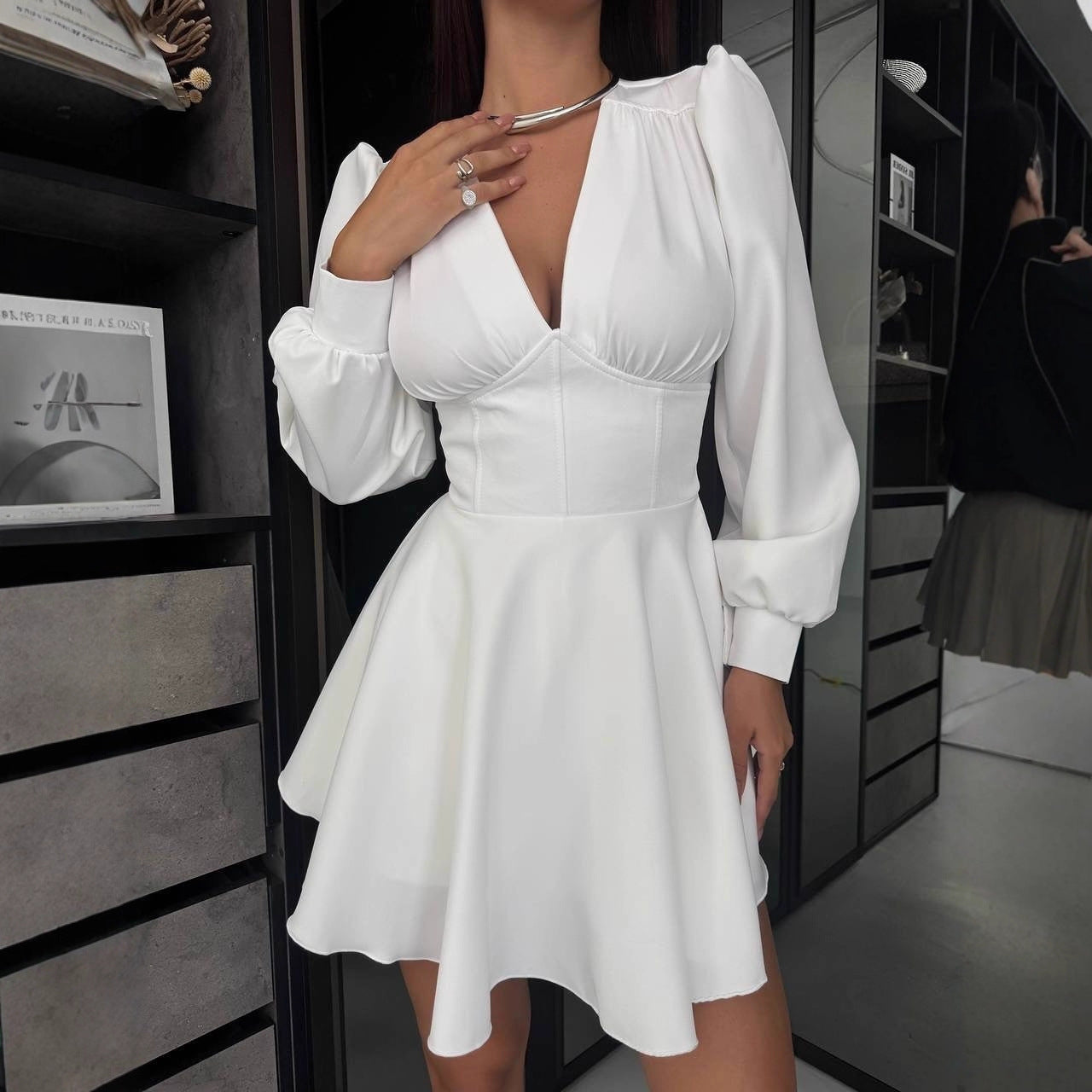Women’s V‑Neck Puff‑Sleeve High‑Waist A‑Line Dress
