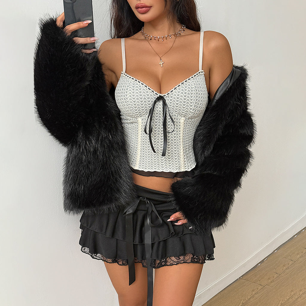 White Lace Slim Top with Black Bow and Trim