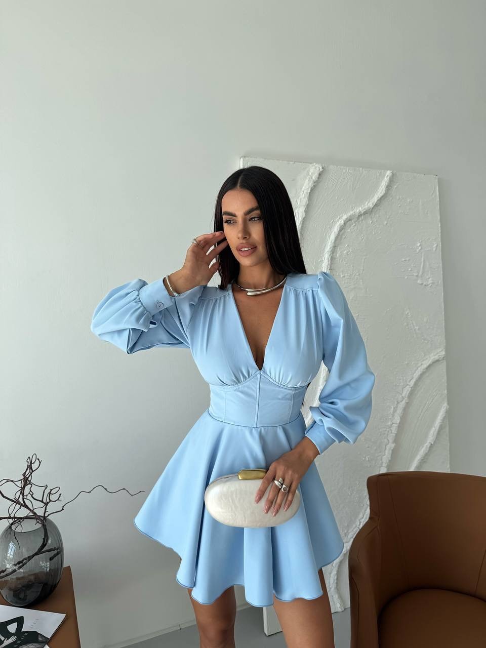 Women’s V‑Neck Puff‑Sleeve High‑Waist A‑Line Dress