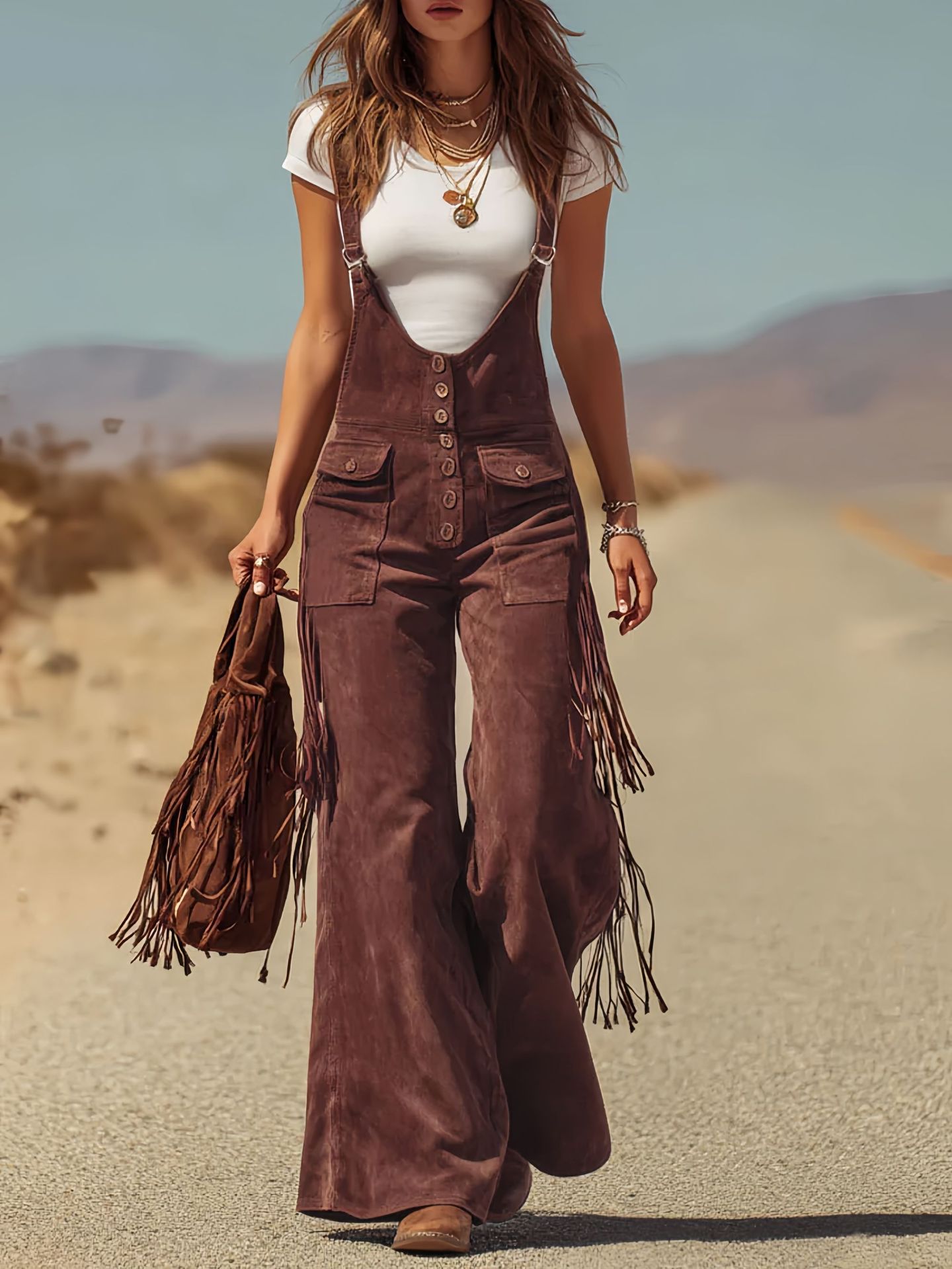 Women’s Suede‑Style Fringe Wide‑Leg Overalls