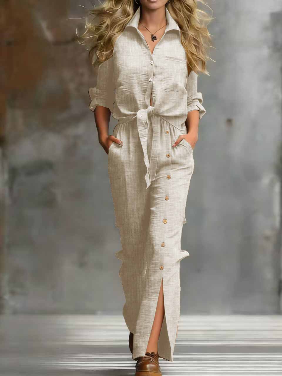 Beach Vacation Cotton-Linen Button-Front Split-Panel Womens Set