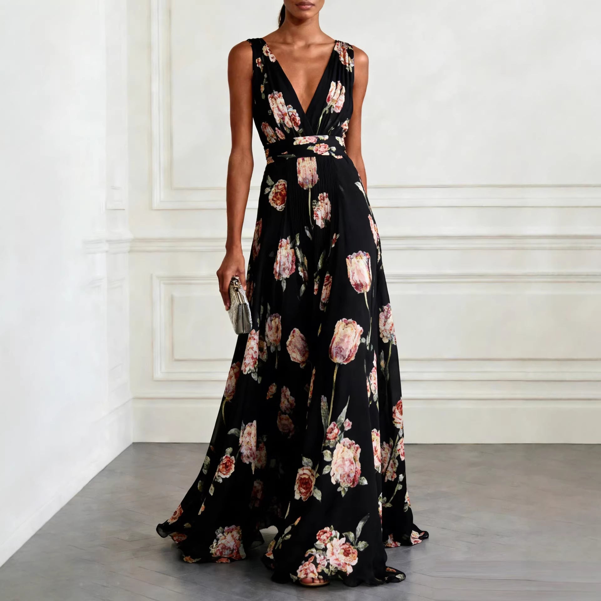 Bluesy Tulip-Print Gown Elegant Flowing Sleeveless V-Neck Chiffon Maxi Dress For Parties And Formal Events