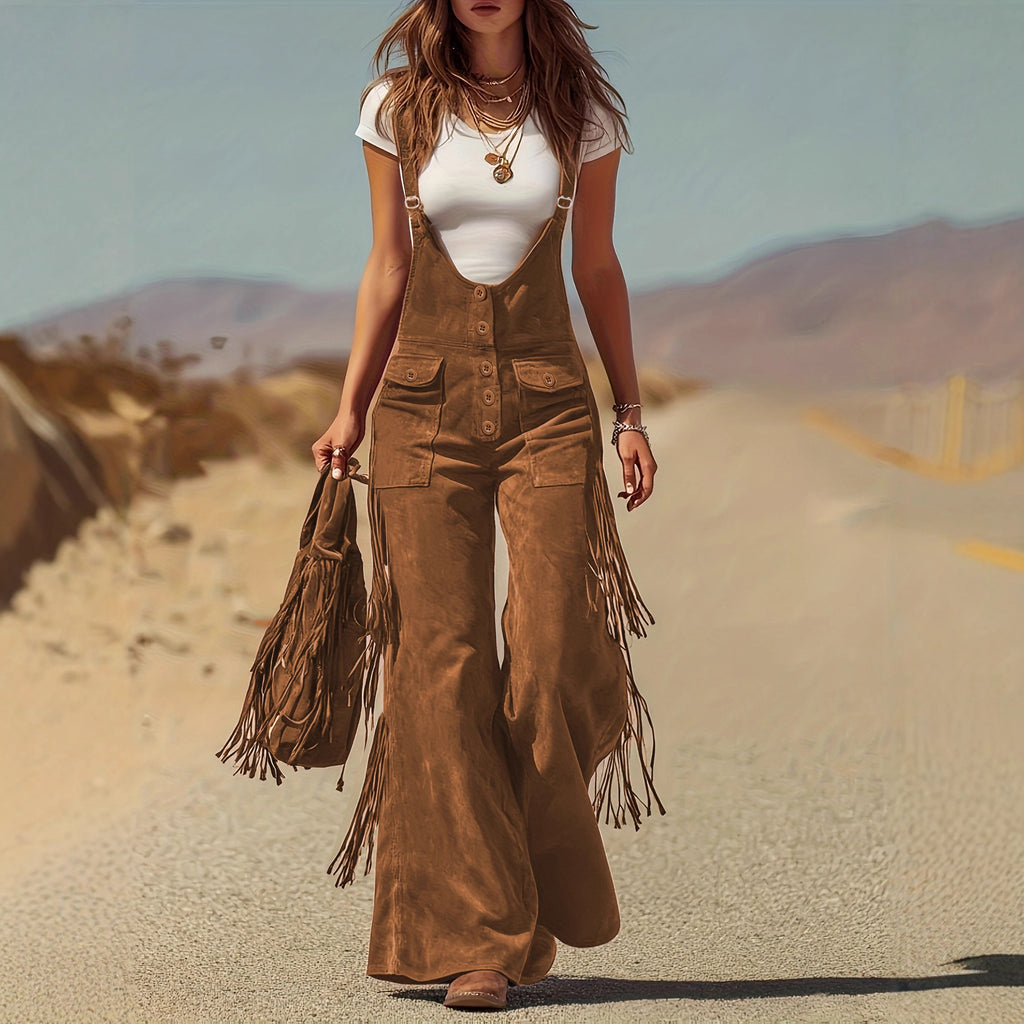 Women’s Suede‑Style Fringe Wide‑Leg Overalls