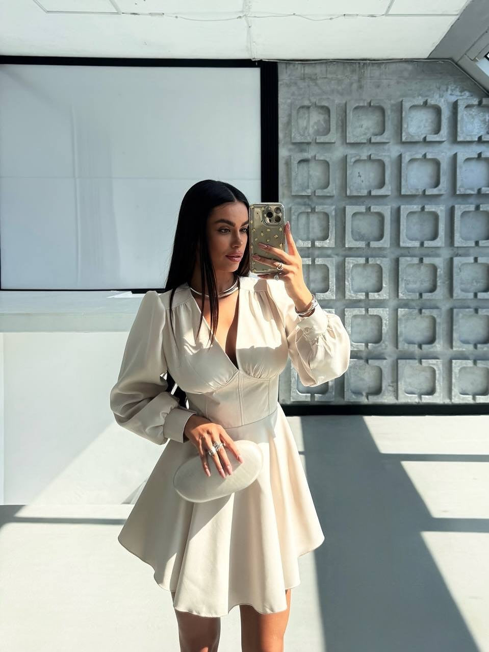 Women’s V‑Neck Puff‑Sleeve High‑Waist A‑Line Dress