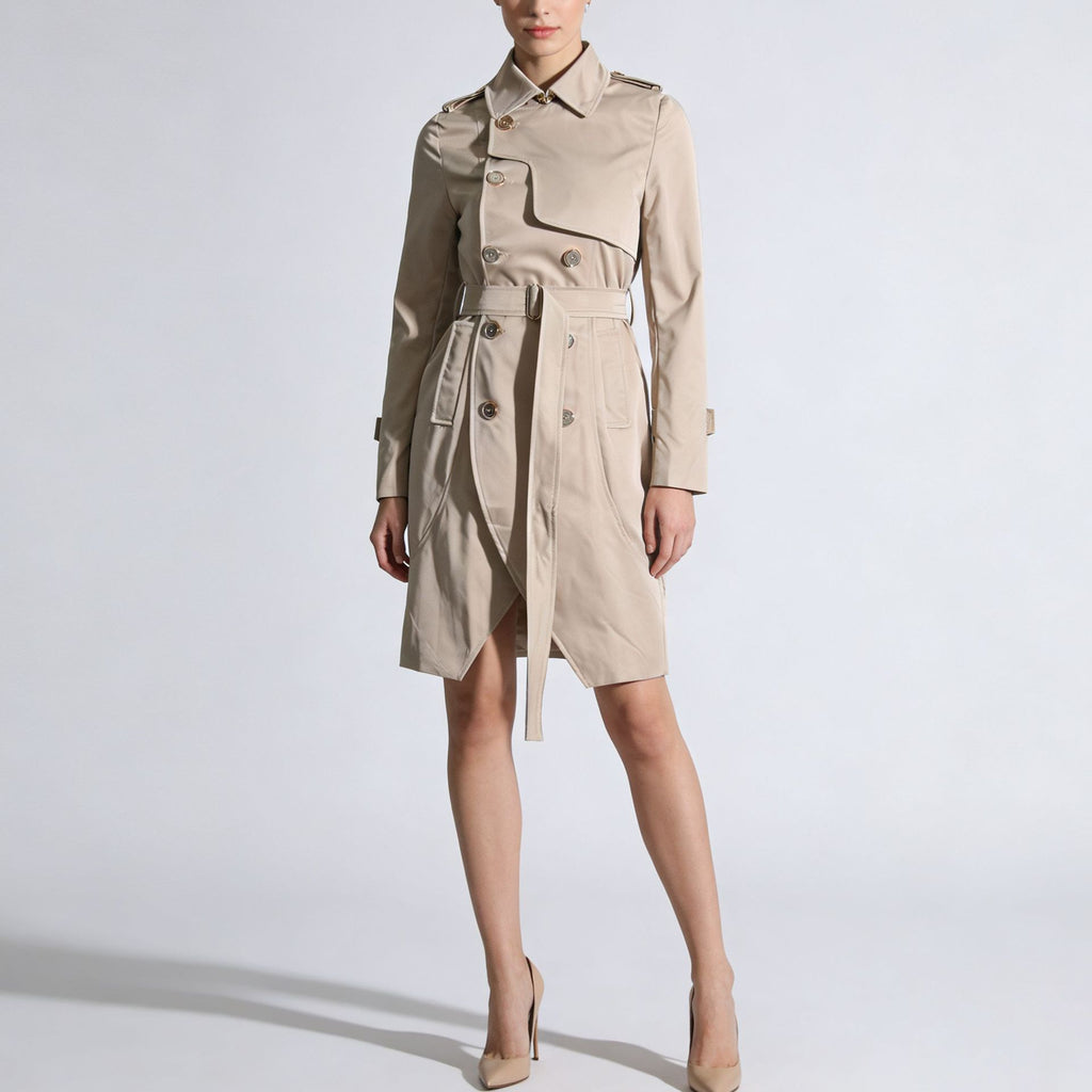 Womens Fashion Solid-Color Long-Sleeve Trench Coat With A Turn-Down Collar And Lace-Up Details
