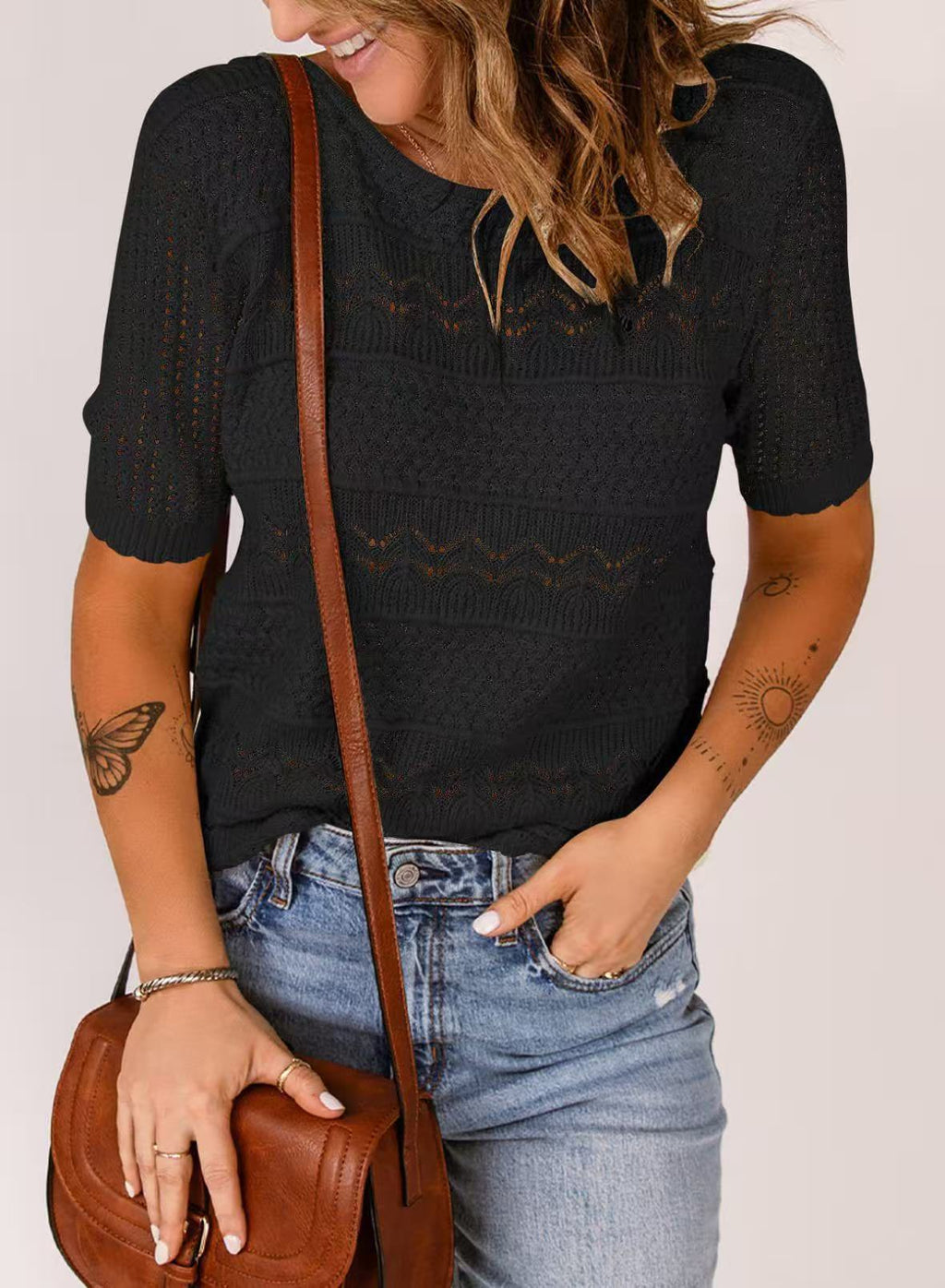 Womens Fashionable Casual Crew-neck Hollow-out Short-sleeve Top