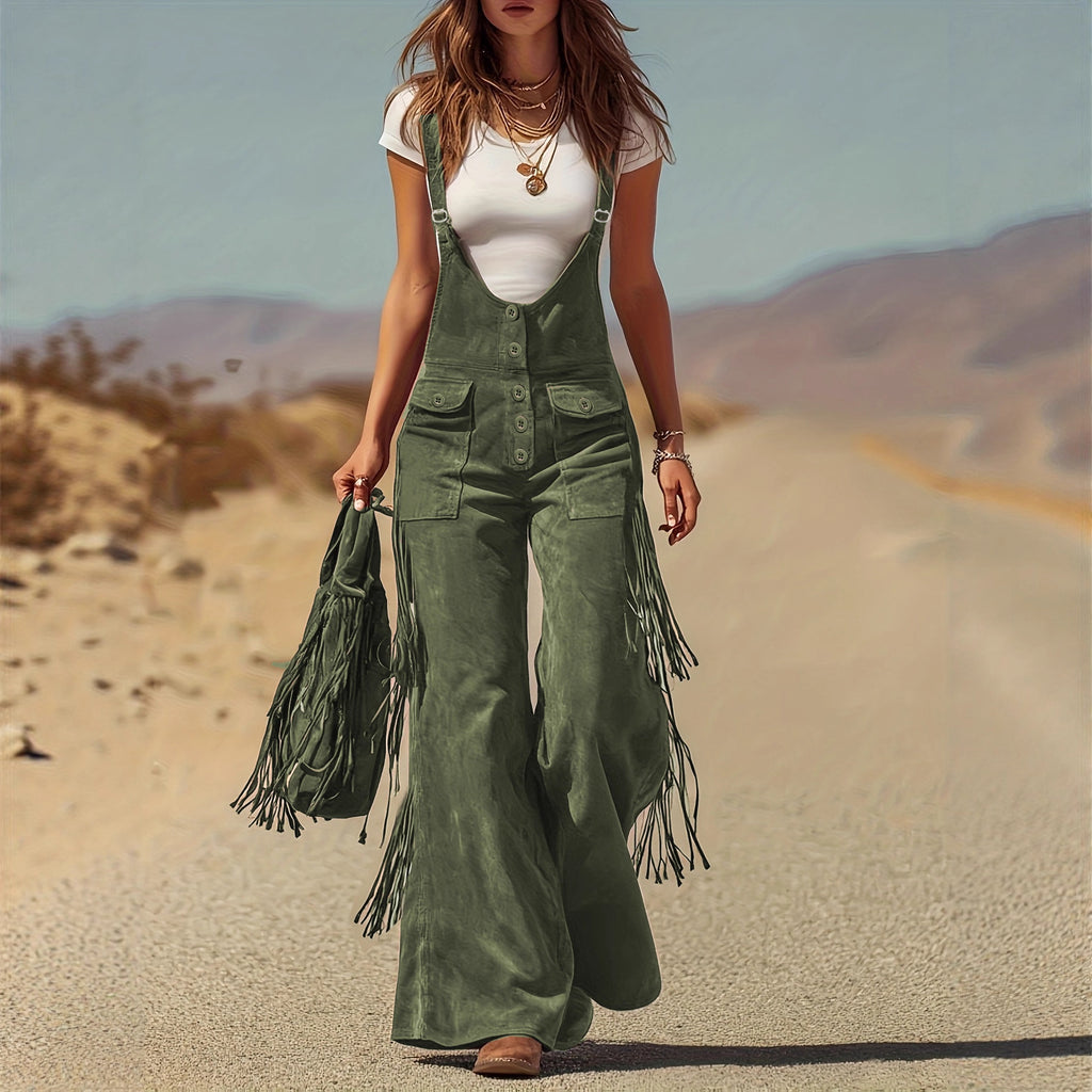 Women’s Suede‑Style Fringe Wide‑Leg Overalls