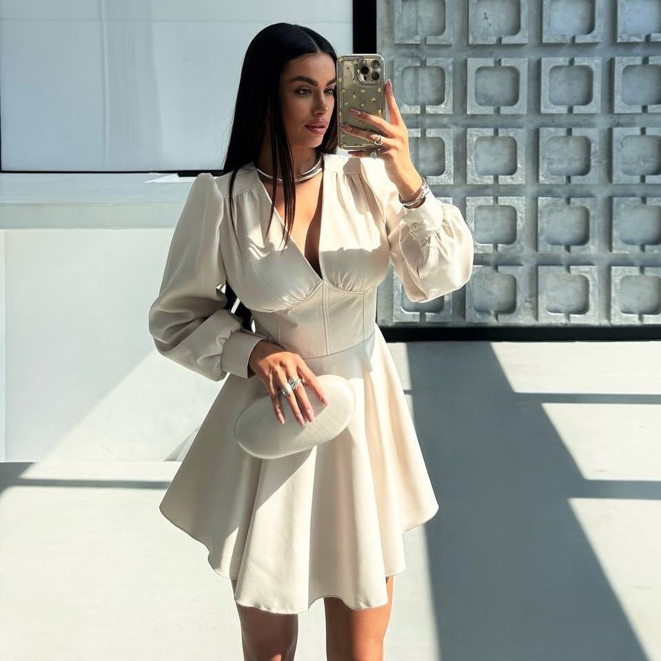 Women’s V‑Neck Puff‑Sleeve High‑Waist A‑Line Dress