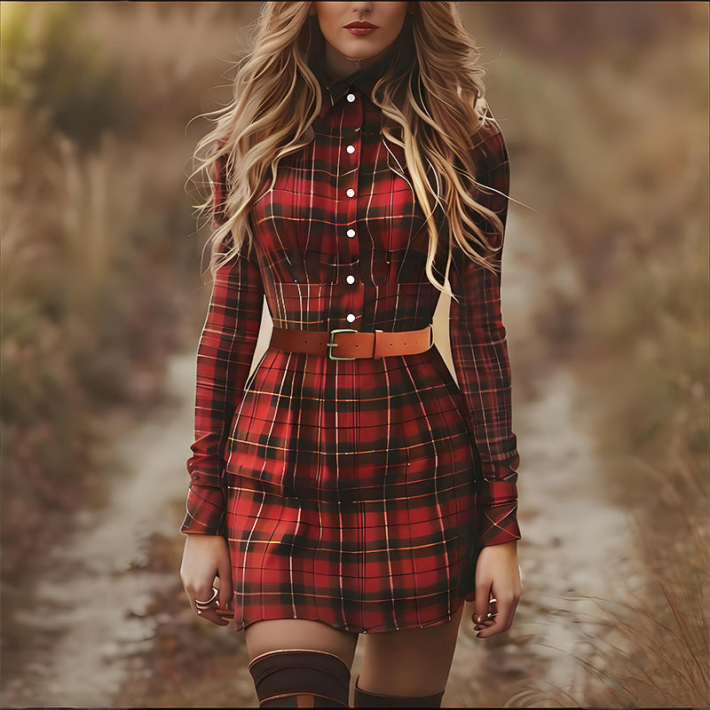 Women's Retro Plaid Pastoral Style Long-sleeve Mini Short Dress
