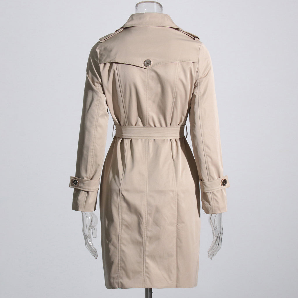 Womens Fashion Solid-Color Long-Sleeve Trench Coat With A Turn-Down Collar And Lace-Up Details