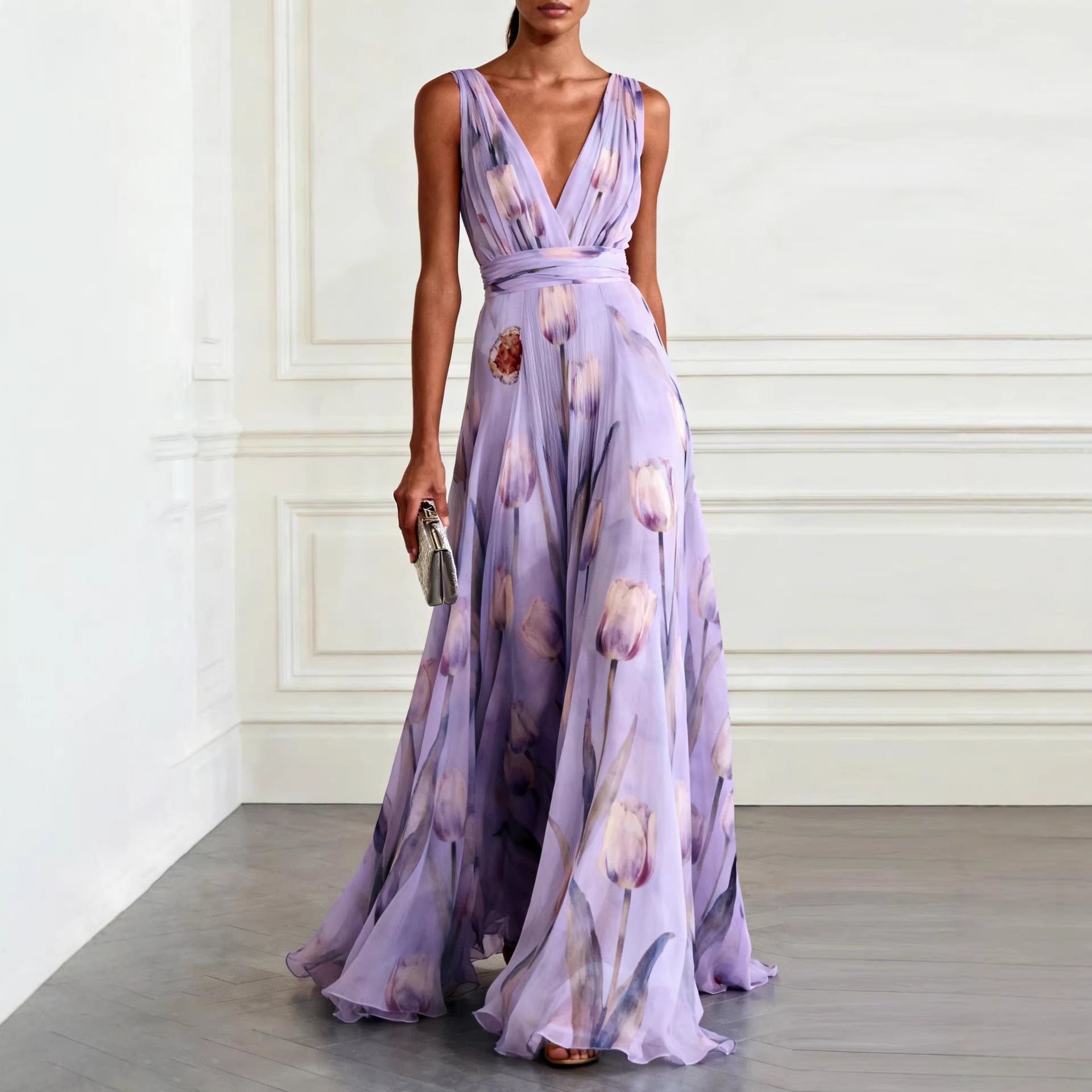 Bluesy Tulip-Print Gown Elegant Flowing Sleeveless V-Neck Chiffon Maxi Dress For Parties And Formal Events