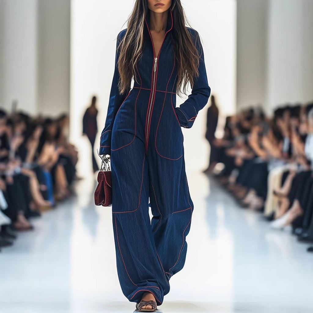 Slim V-neck Casual Plus Size Women's Large Pocket Jumpsuit