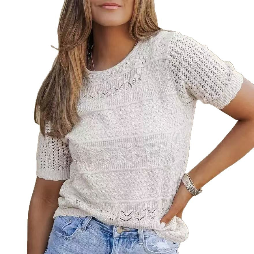 Womens Fashionable Casual Crew-neck Hollow-out Short-sleeve Top