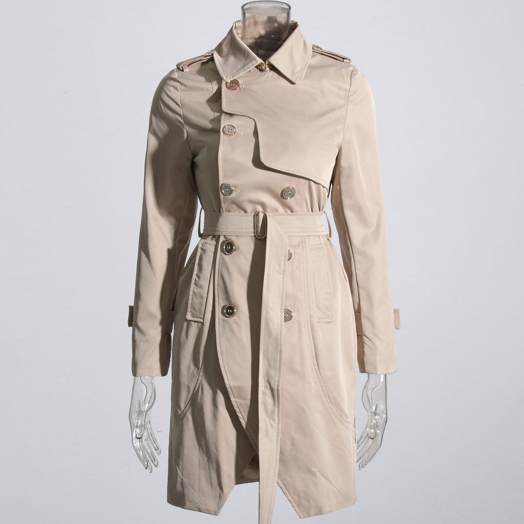 Womens Fashion Solid-Color Long-Sleeve Trench Coat With A Turn-Down Collar And Lace-Up Details