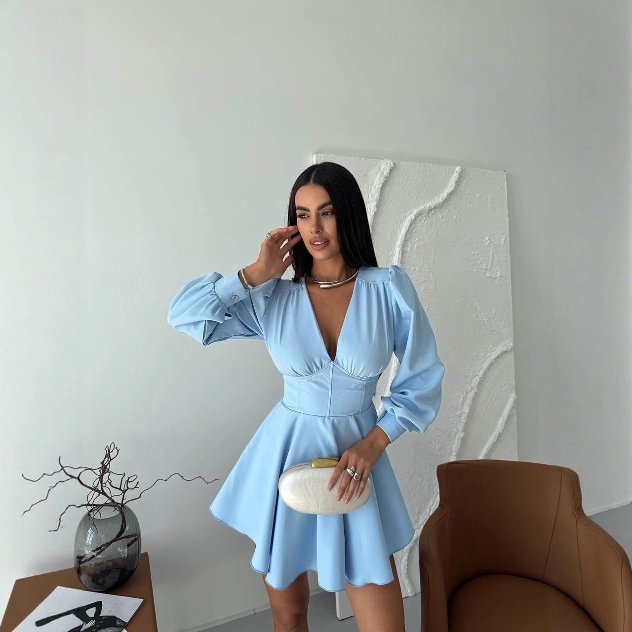 Women’s V‑Neck Puff‑Sleeve High‑Waist A‑Line Dress