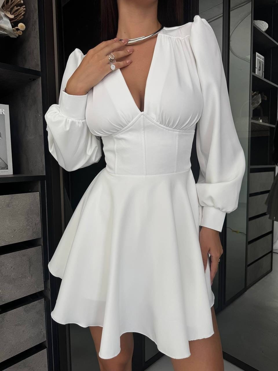 Women’s V‑Neck Puff‑Sleeve High‑Waist A‑Line Dress