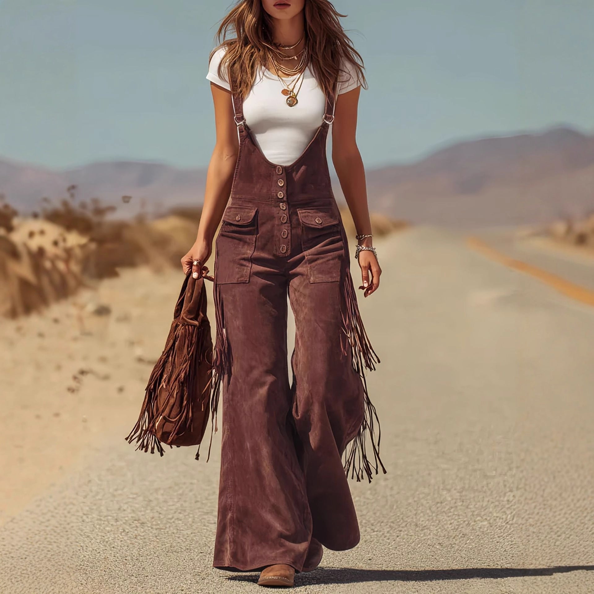 Women’s Suede‑Style Fringe Wide‑Leg Overalls