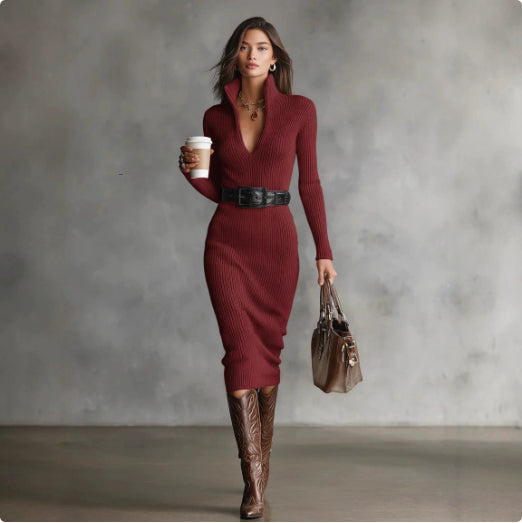 Over‑the‑Knee Ribbed Knit Turtleneck Dress