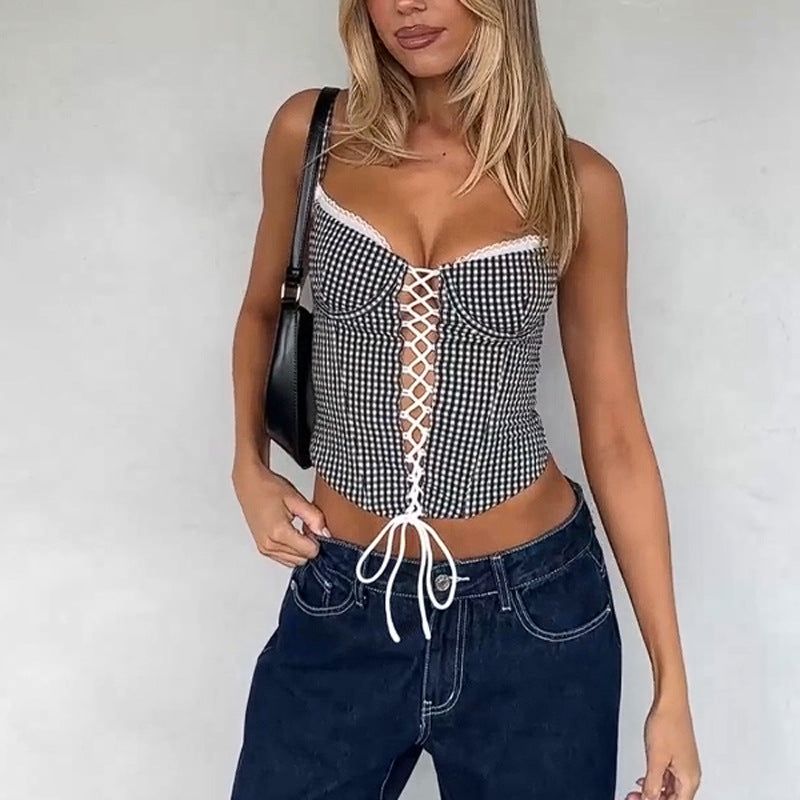 Women’s Stylish Plaid Lace‑Up Camisole Top