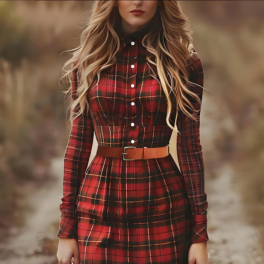 Women's Retro Plaid Pastoral Style Long-sleeve Mini Short Dress