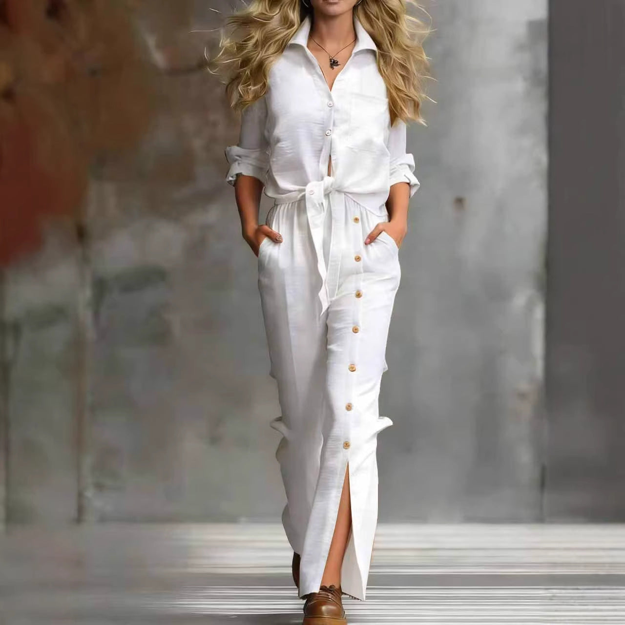 Beach Vacation Cotton-Linen Button-Front Split-Panel Womens Set