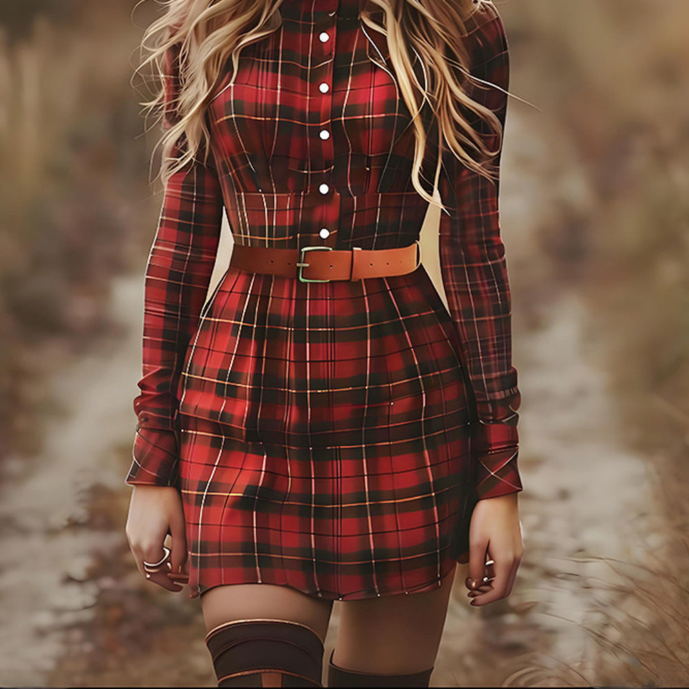 Women's Retro Plaid Pastoral Style Long-sleeve Mini Short Dress