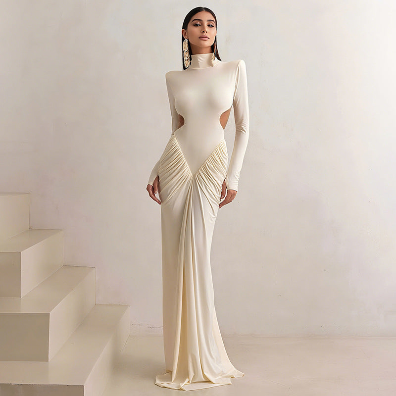 High‑Neck Long Sleeve Pleated Backless Gown