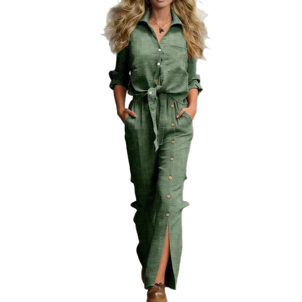 Beach Vacation Cotton-Linen Button-Front Split-Panel Womens Set