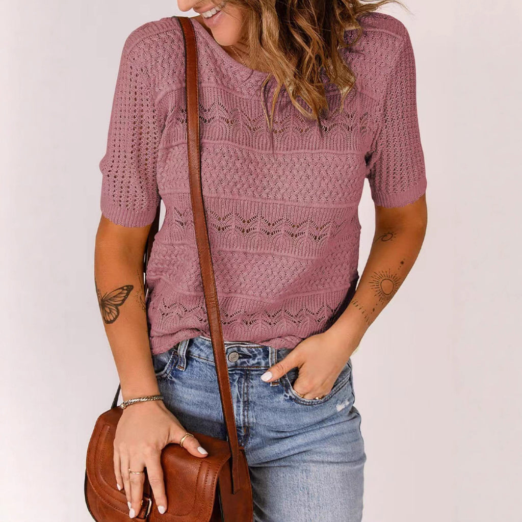 Womens Fashionable Casual Crew-neck Hollow-out Short-sleeve Top