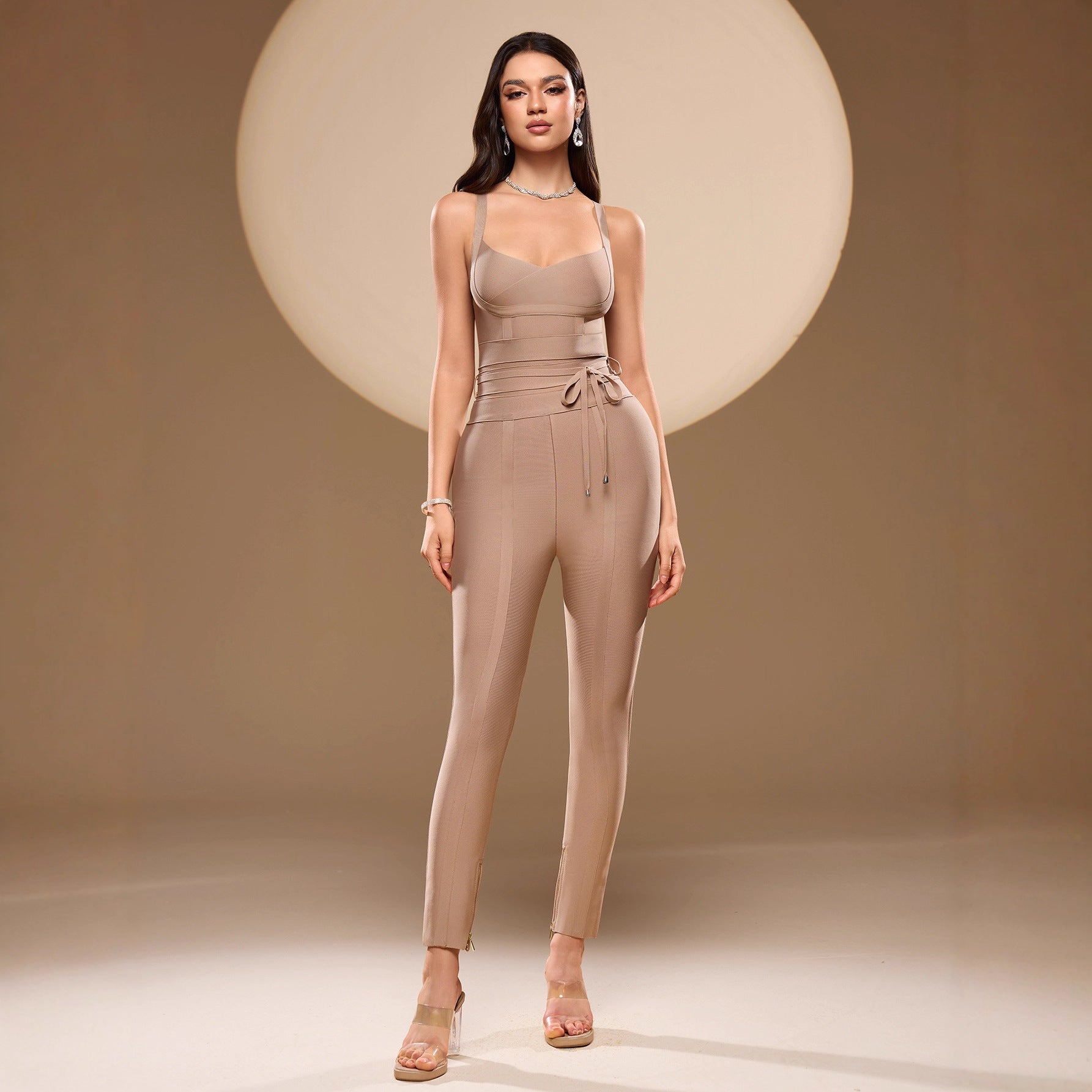 Lace-up  Strap-style  Figure-hugging Bandage Jumpsuit