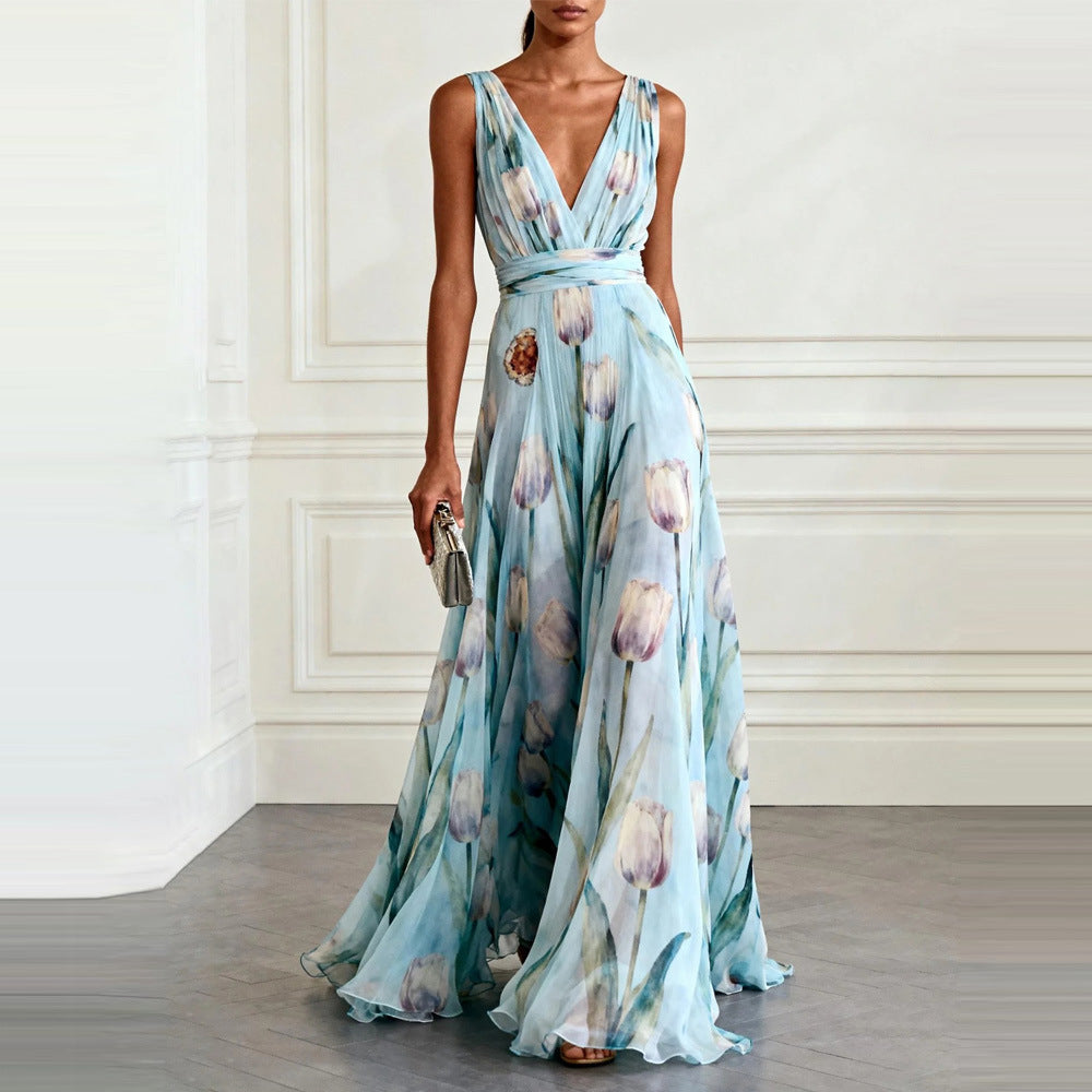 Bluesy Tulip-Print Gown Elegant Flowing Sleeveless V-Neck Chiffon Maxi Dress For Parties And Formal Events