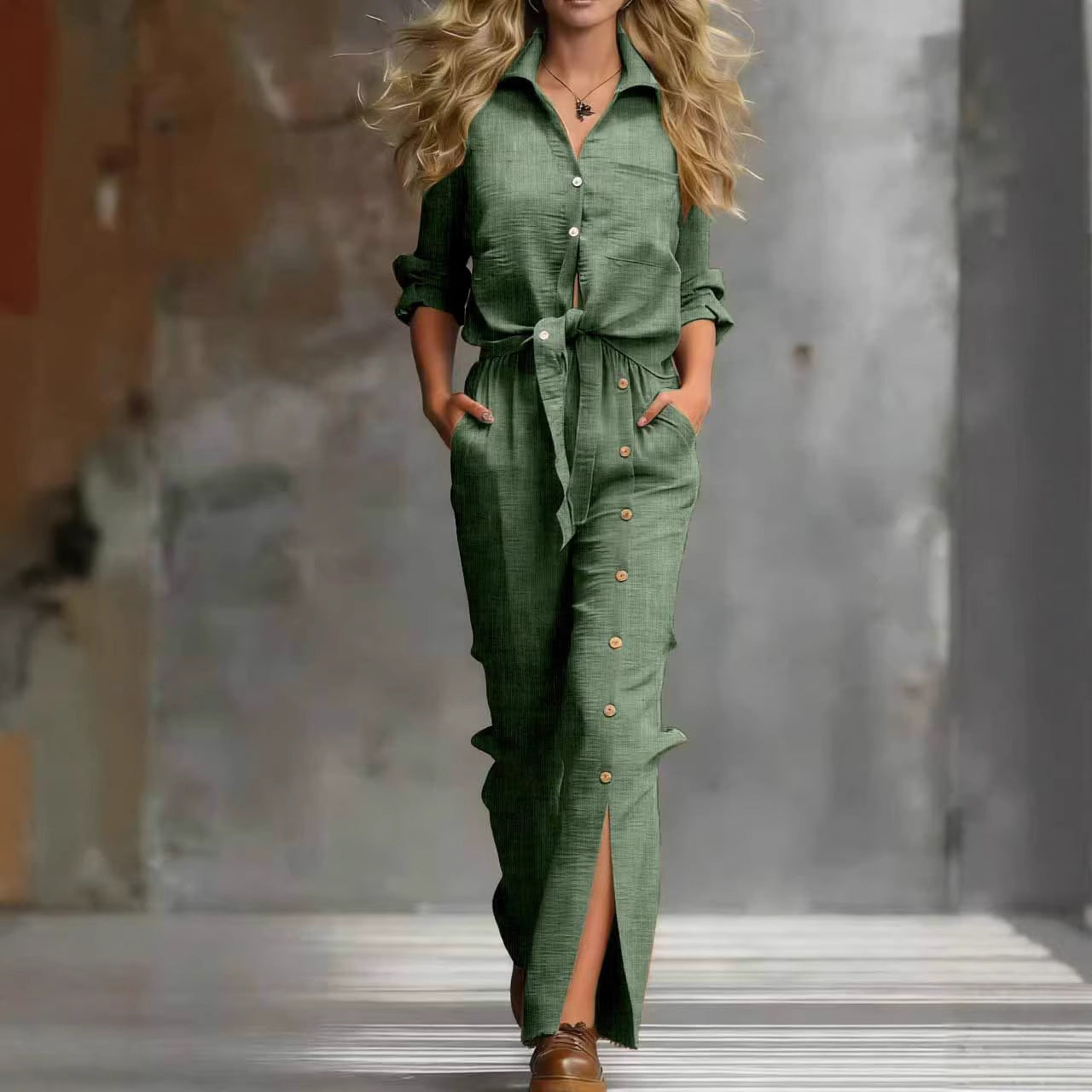 Beach Vacation Cotton-Linen Button-Front Split-Panel Womens Set